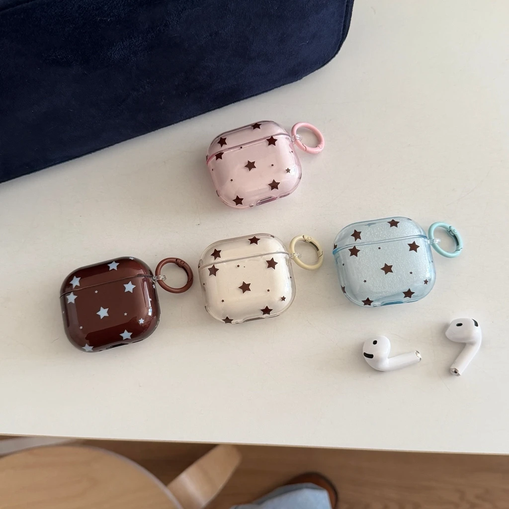 Fresco semi transparente cor sólida estrela de tela cheia com gancho à prova de choque fone de ouvido capa para airpods 1 ou 2 3 4 pro 2 pro 3