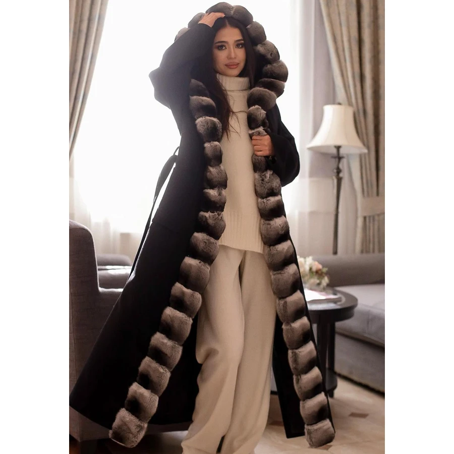 

Women's Natural Fur Coat Hooded Real Cashmere Coat Black Long Wool Blends Coat With Natural Rex Rabbit Trim Luxury New Arrivals