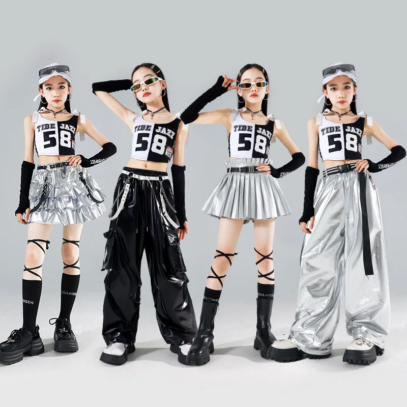 Girls Crop Top Pleated Skirts Street Dance Shorts Silver Pants Kids Hip Hop Jazz Clothes Sets Children Streetwear K-pop Costumes