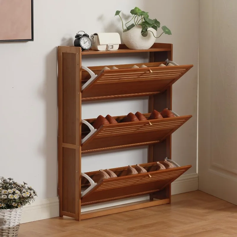 Shoe Cabinet, Bamboo Shoe Storage Cabinet with 3 Flip Drawers, Free Standing 3 Tier Shoe Cabinet for entryway, Hallway