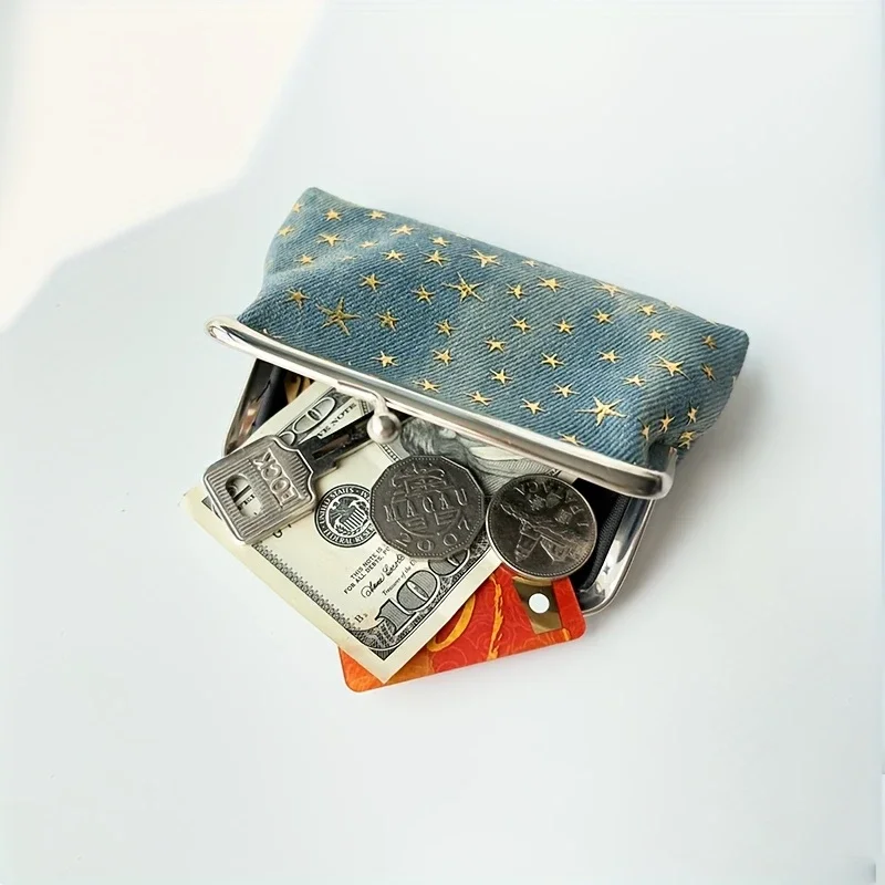 Vintage Star Coin Purses for Women - Portable Zipper Wallets with Keychain, Multi-Color Fabric Coin Bags for Change & Cards
