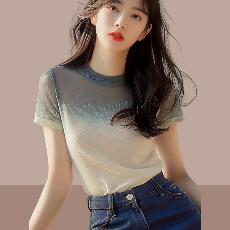 Boweylun New Gradient Color Casual Round Neck Short Sleeve T-shirt Women's Summer Skin-friendly Breathable Slim Tops Girls