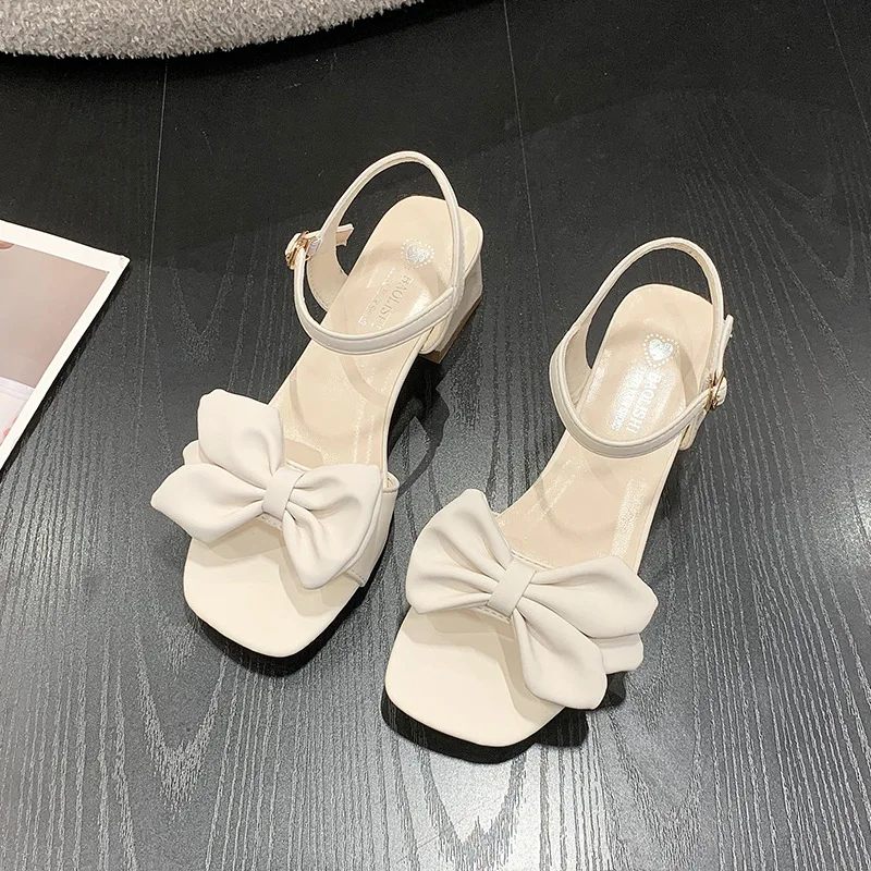 Summer New Fashionable Versatile Bow Sandals Thick Heel Square Head Simple Comfortable Casual Sandals
