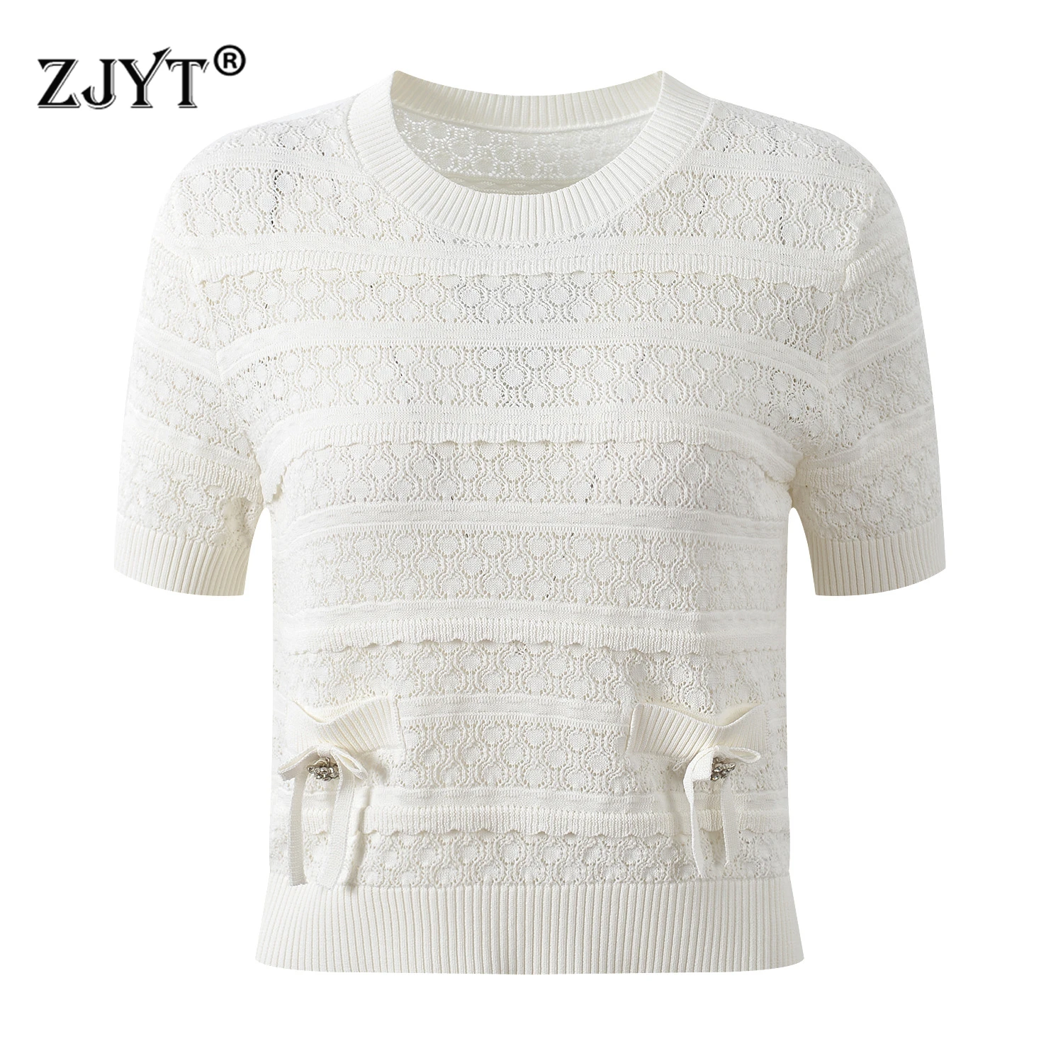 

Новые летние вязаные топы-пуловеры ZJYT 2026 для женщин: короткий рукав, круглый вырез, трикотажный джемпер, белый, розовый