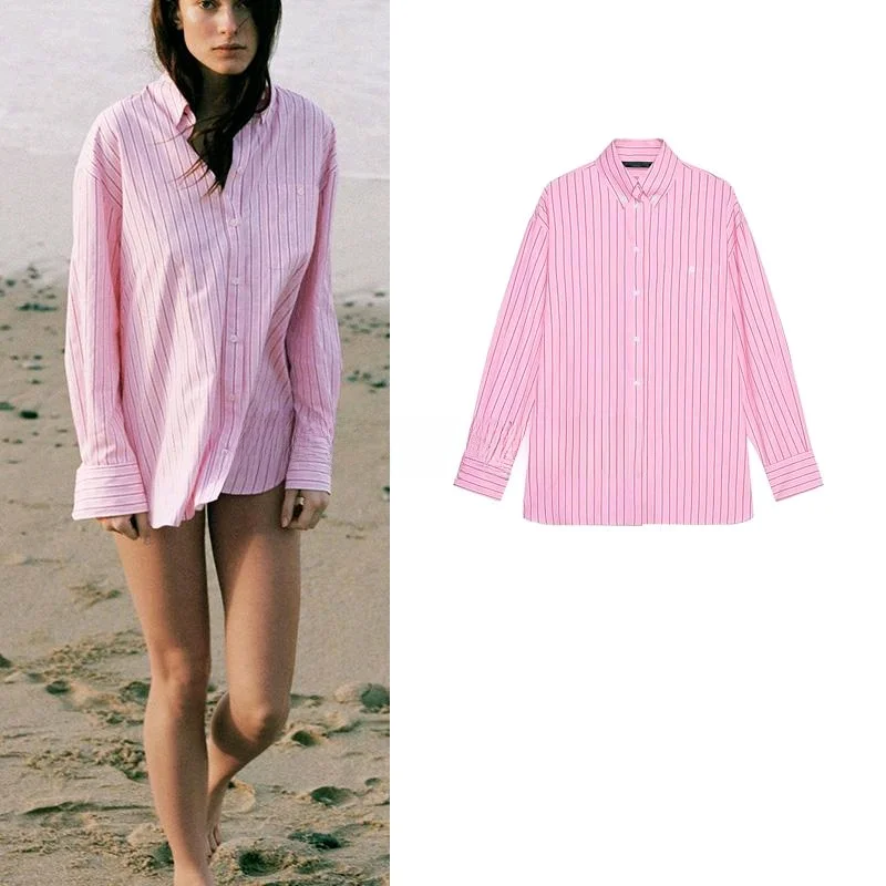 

Spring New Women's Casual Loose Comfortable Striped irt Long Sve Turn-down Collar Commuter Faion 8-24 Years Old