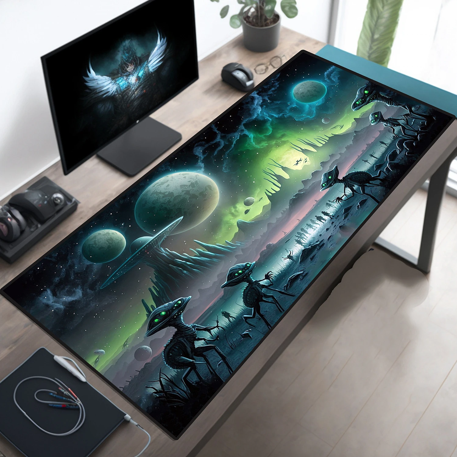 Large Mouse Pad UFO Alien Pattern Desk Pad Suitable for Office Gaming with Stitched Edge Anti-Slip Base Waterproof Pad Desk Pad