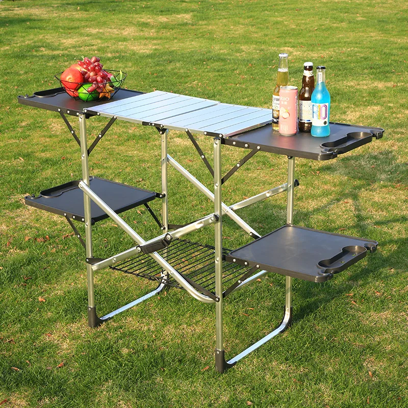 

Portable Folding Kitchen Table with a Heat Resistant Tabletop 4 Side Tables Storage Rack Perfect for Picnics Camping Trips