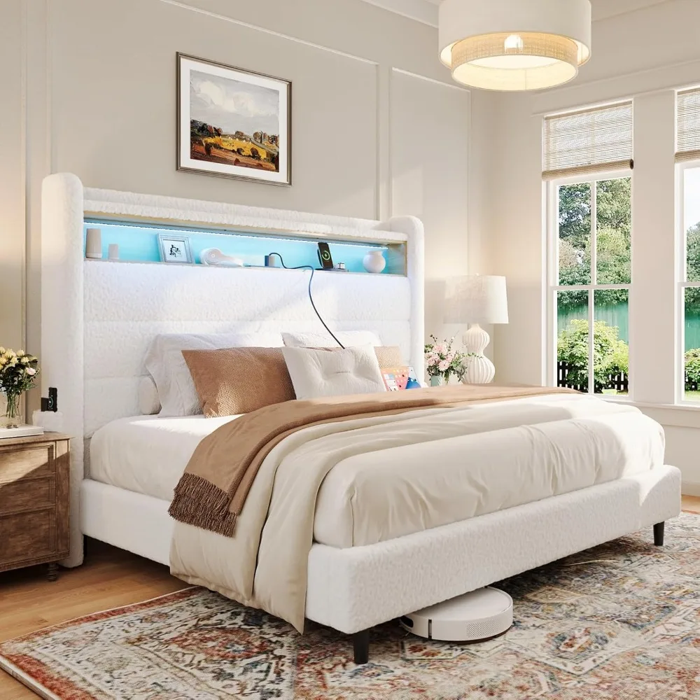 

Bed Frame with LED Lights Charging Station Tall Headboard, Bed Frame