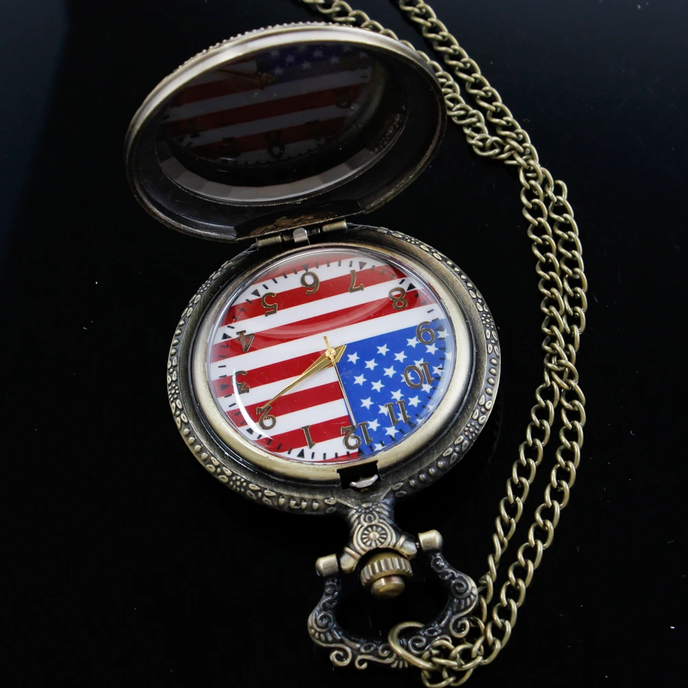 Bronze transparente amerikanische Flagge Gedenk quarz Taschenuhr Mode Halskette Anhänger Uhr Herren-und Damen geschenk