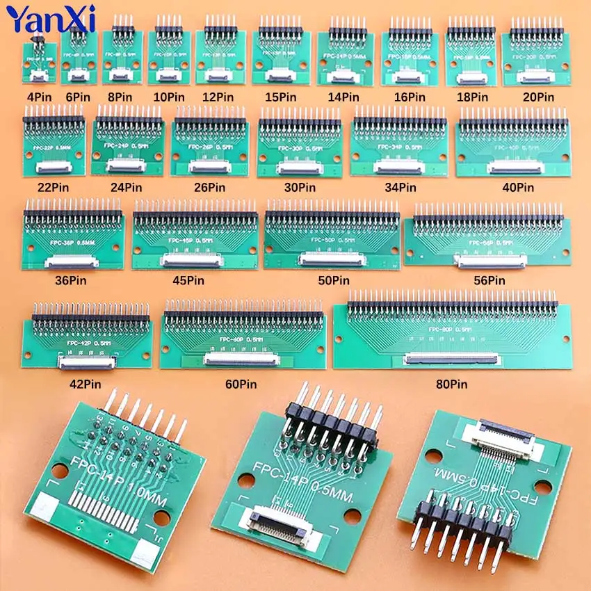 4/6/8/10/12/15/16/18/20/22/24/26/30-50Pin 2.54mm Bent Pin To 0.5mm Pitch FPC FFC Connector Flexible Ribbon Cable Adapter Board