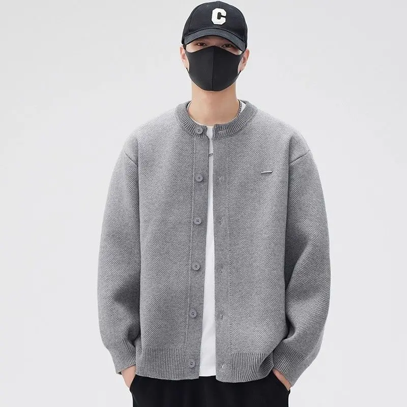 Men Round Neck Button Knit Cardigan Long Sleeve Loose Fit Casual Knitted Outerwear
