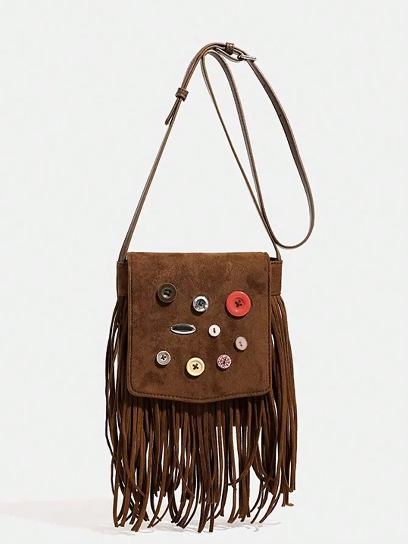 

Autumn retro women's bags, bohemian style shoulder bags, hippie style tassel crossbody bags, niche button decorated handbags