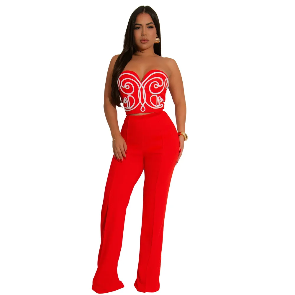 

Elegant Temperament Flower Sexy Tube Top Casual Slim Loose Long Pant women's casual Trousers 2 Piece Set