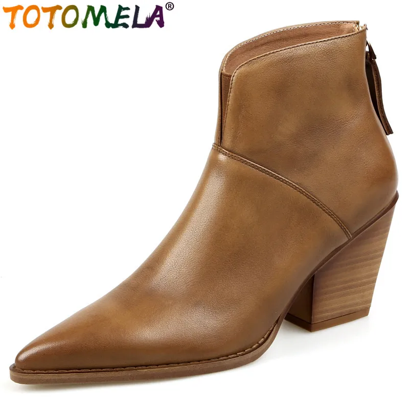 

TOTOMELA 2024 New Vintage Genuine Leather Boots Female Pointed Toe Zipper Winter Boots Thick High Heels Ankle Boots