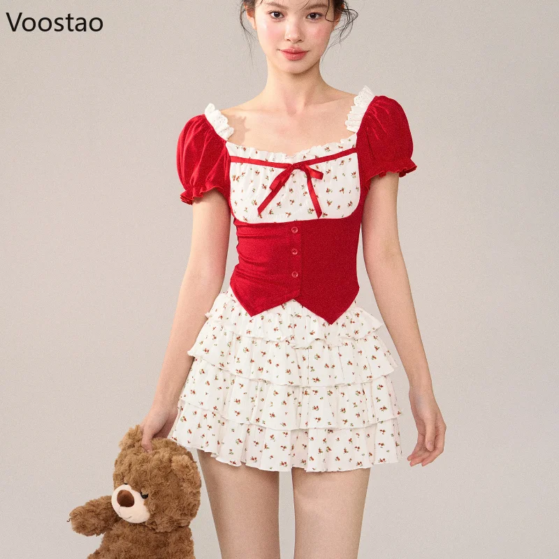 

Japanese Style Sweet Skirt 2 Piece Set Women Cute Bow Red Casual Blouse Top High Waist Floral Mini Skirt Suit Summer Y2k Outfits