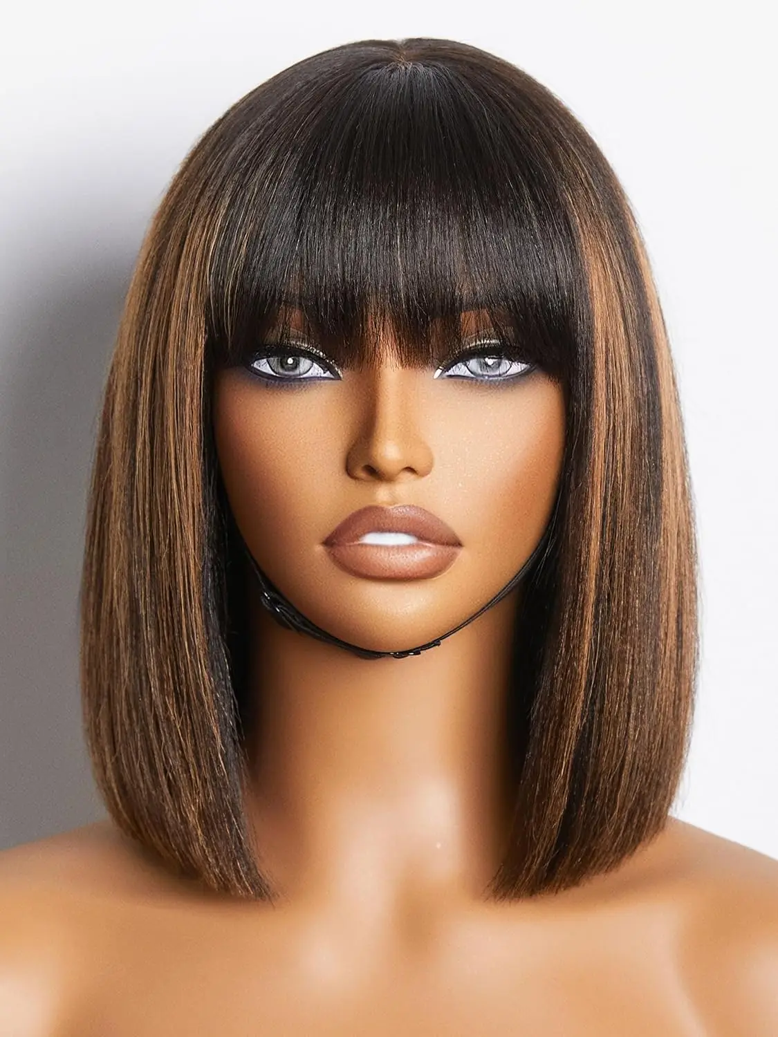 Luvme Hair 10 Inch Yaki Straight Bob Wig With Bangs Human Hair Glueless Hd Lace Bob Wig With Brown Highlights, Ready To Go