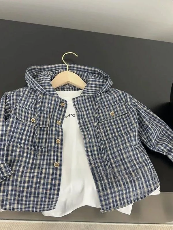 

Детское повседневное клетчатое пальто весна-осень с капюшоном в Корейском стиле Sle Baby Faionable Top из полиэфирного волокна Long Sve