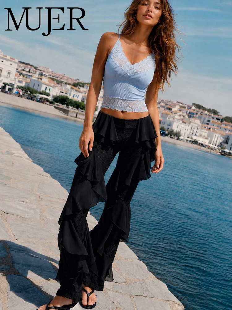MUJER Schwarze Spitzen-Rüschenhose für Damen Jacquard Mittelhohe Taille Sommer Palazzo-Hose Gerade Geschnittene Damenhose