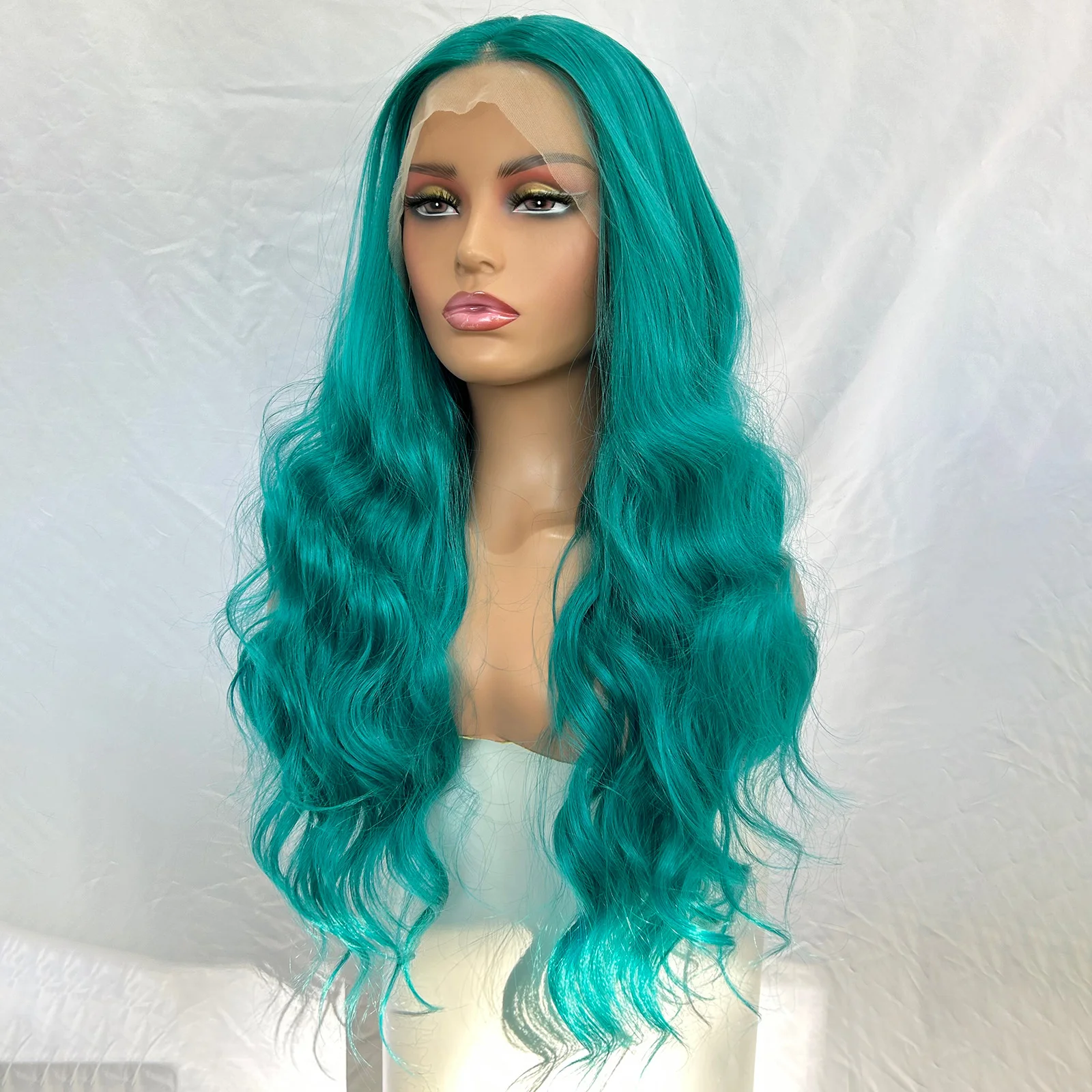 شعر مستعار طويل أخضر مموج بدانتيل أمامي للنساء الجزء الأوسط أزرق مجعد مموج اصطناعي 13X4 بدون صمغ قبل قطعها تأثيري استخدام الحفلات