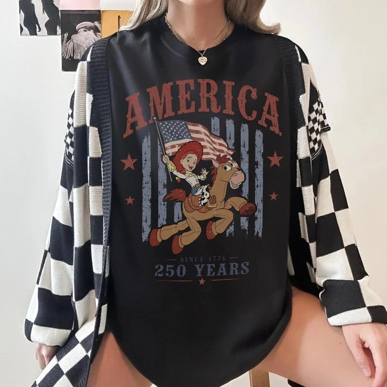 Retro Patriotic Cartoon Family T-shirt, Cowgirl Riding Horse Flag Pattern Premium Cotton Parent-child Holiday Daily Streetwear