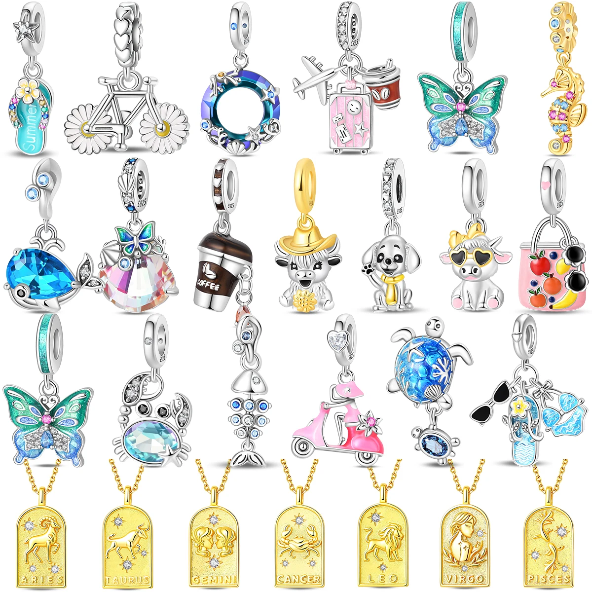 New 925 Silver Amulet Blue Flip-flops Animal Bull Faceted Cut Gem Beach Charms Beads Gold Zodiac Pendent Necklace DIY Jewelry