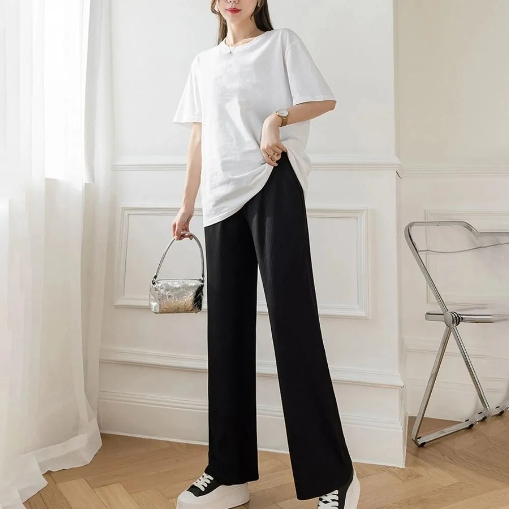 

Loose Straight Leg Pants Ice Silk Dropping Feeling Casual Pants Pregnant Workout Trousers High Waist Wide Leg Pants Woman Female