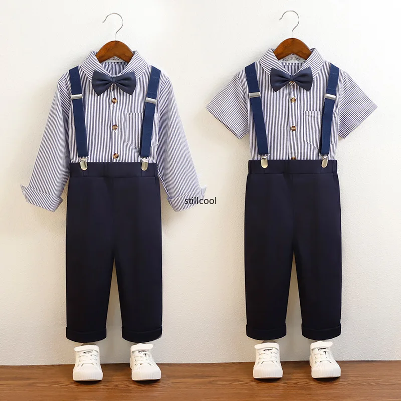 Boys Suit Spring Summer 2024 New Korean Striped Suspender Trousers 2-piece Children Chorus Performance School Uniform Blazer Set