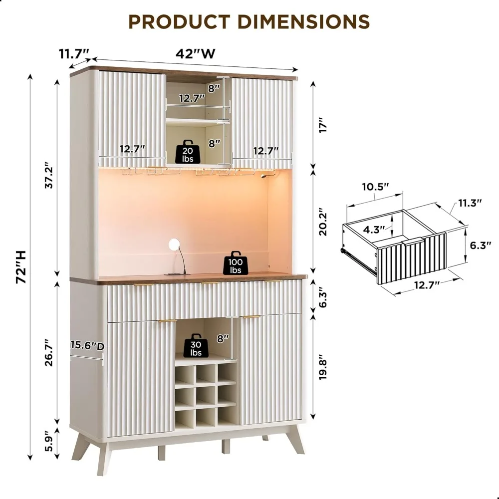 Gabinete de bar de vinos de 72" de alto con aparador de almacenamiento, gabinete de bar de café estriado de madera moderno con luces LED y estante de almacenamiento de 10 niveles y