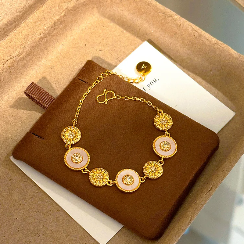 Luxury 9999 24K Real Gold Niche Vintage Eight-pointed Star Disc Imitation Natural Mother-of-pearl Micro-inlaid Women's Bracelet