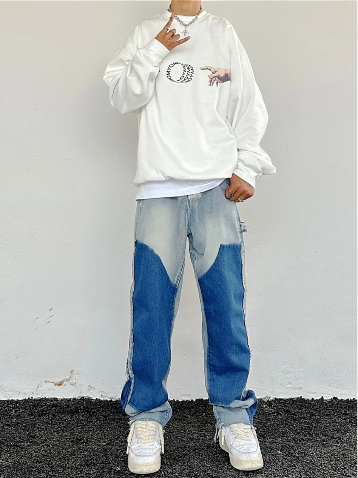 

Color Block Men's Jeans Design Sensation Frayed Wide Leg Pants Spring Autumn New American High Street Vibe Long Pants