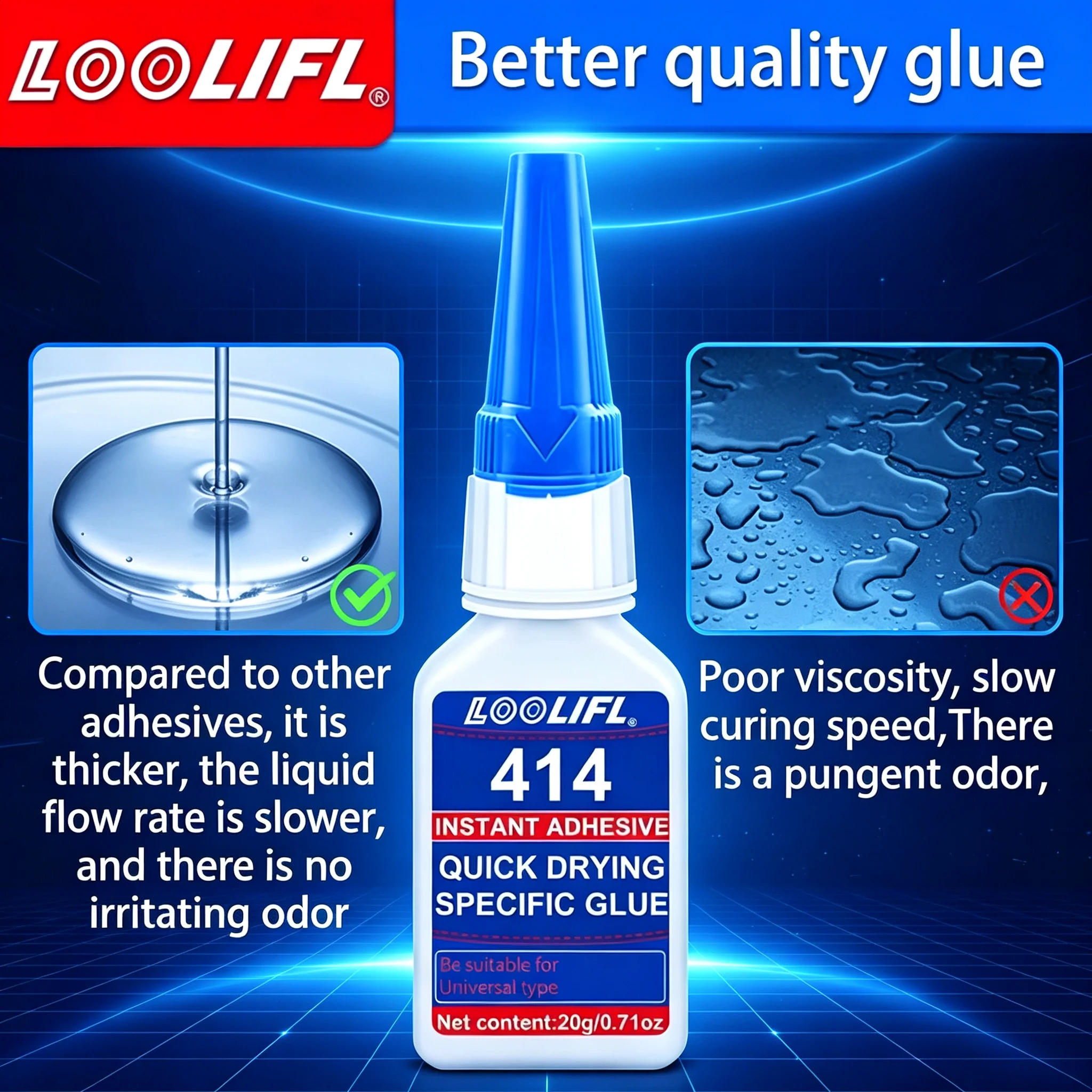 Lo0Lifl414 Instant Glue 20g Epoxy Acrylate Super Glue, Fast Bonding in Seconds, High Strength Impact-Resistant Medium Viscosity Multi-Purpose Repair Glue, Suitable for Strong Bonding of Plastics, Metals, Wood, Ceramics, Home DIY Crafts, Model Repair, Industrial Small Parts Assembly Glue