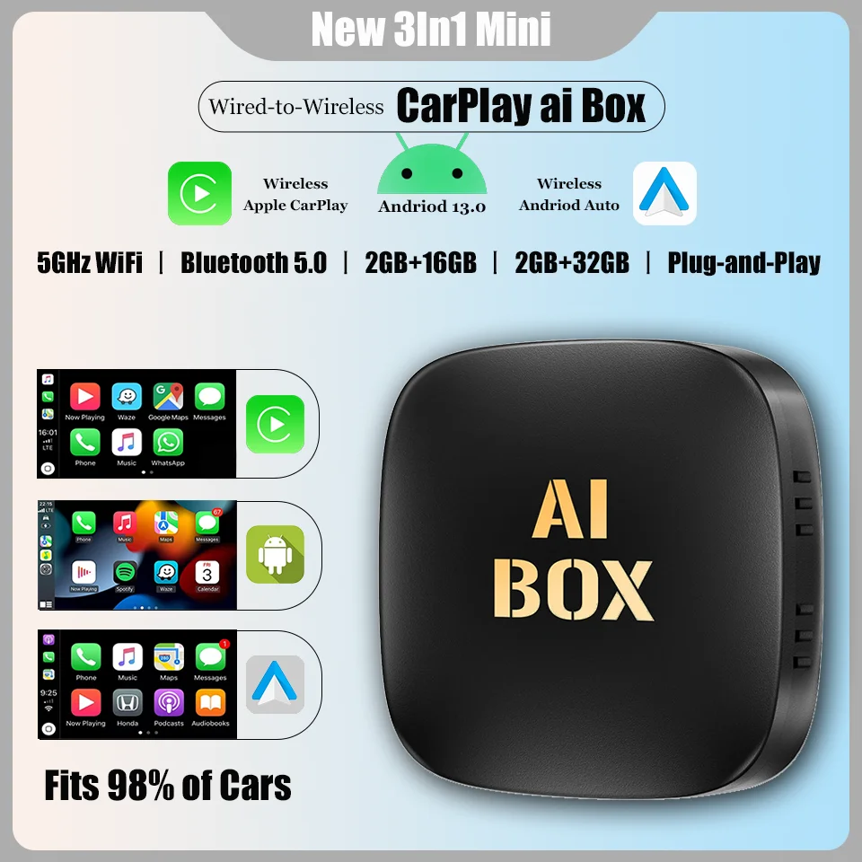 CarPlay Aiกล่องAndroid13 Android Auto Carply 3in1แบบมีสายไร้สายสมาร์ทมัลติมีเดียกล่องBuilt-In Netflix YouTube Google Play