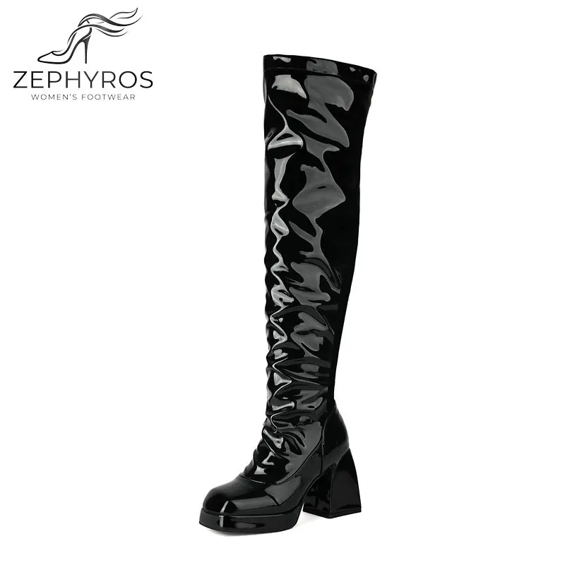 

Women's Patent Leather Thigh High Boots Platform Chunky Heel Over The Knee Boots Back Zipper Long Booties Sexy Party Shoes