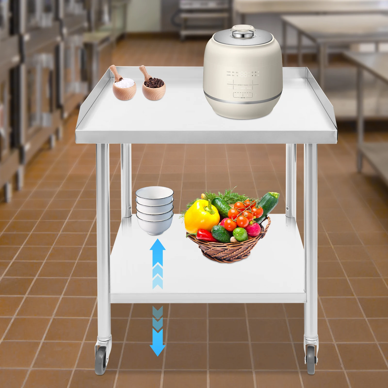 Table de travail à 2 niveaux en acier inoxydable 60x60x76cm, Table de préparation commerciale avec roulettes pour couper les légumes, couper la viande