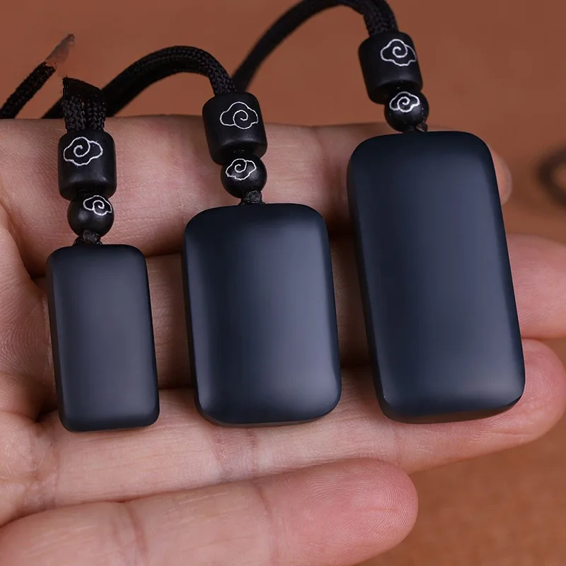 Natural Nephrite Jade Black Blank Pendants With Rope Chain Hetian Jade Rectangular Charms Necklace Men Women Lucky Amulets Gifts