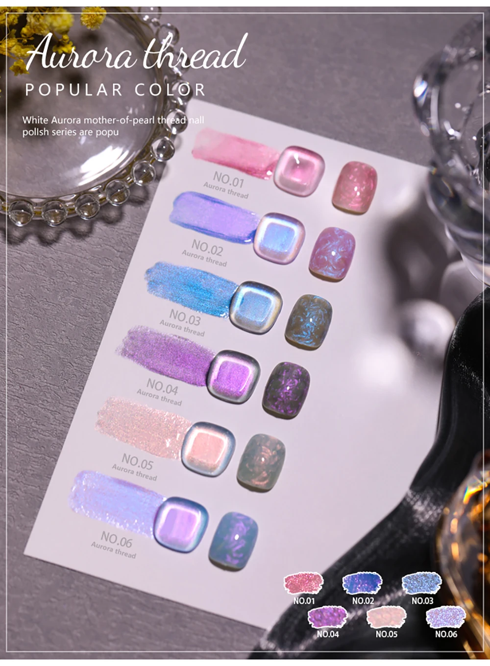 Vendeeni 6 Farben Perlmutt-Faden Nagelgel-Lack Aurora-Effekt UV Soak-Off Gel-Lack DIY Muschelfaden Nagelkunst Gel-Lack – Detail 3