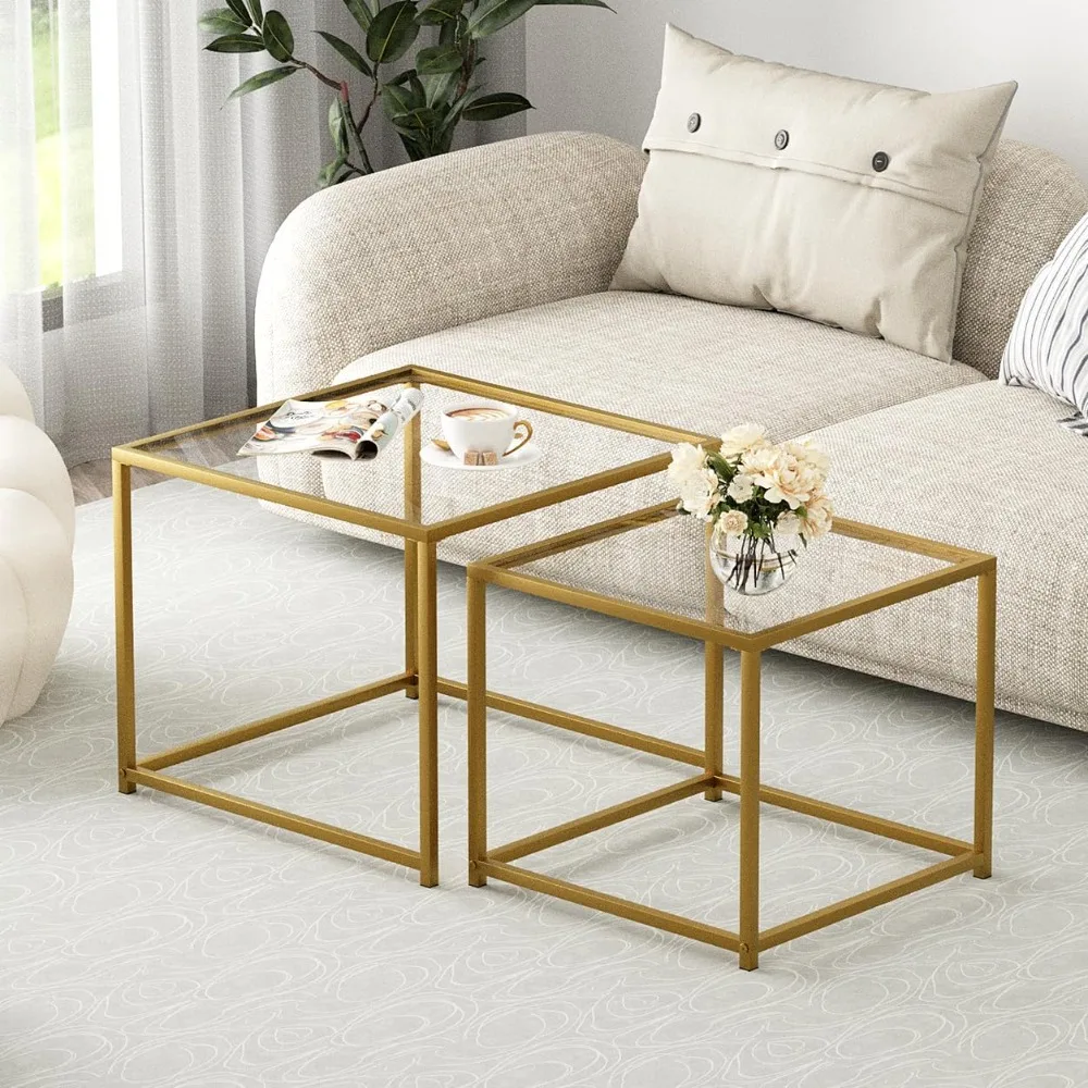 Ensemble de 2 tables basses, table d'appoint moderne en verre doré, table d'appoint carrée avec cadre en métal, tables centrales, table basse gigogne pour Livi