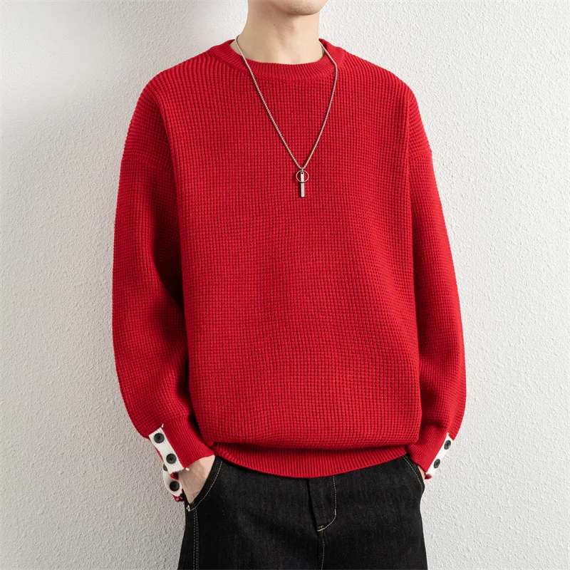 2026 Autumn/Winter Men's New Round-neck Jacquard Knitted Base Shirt for Teenagers, Hooded Sweater