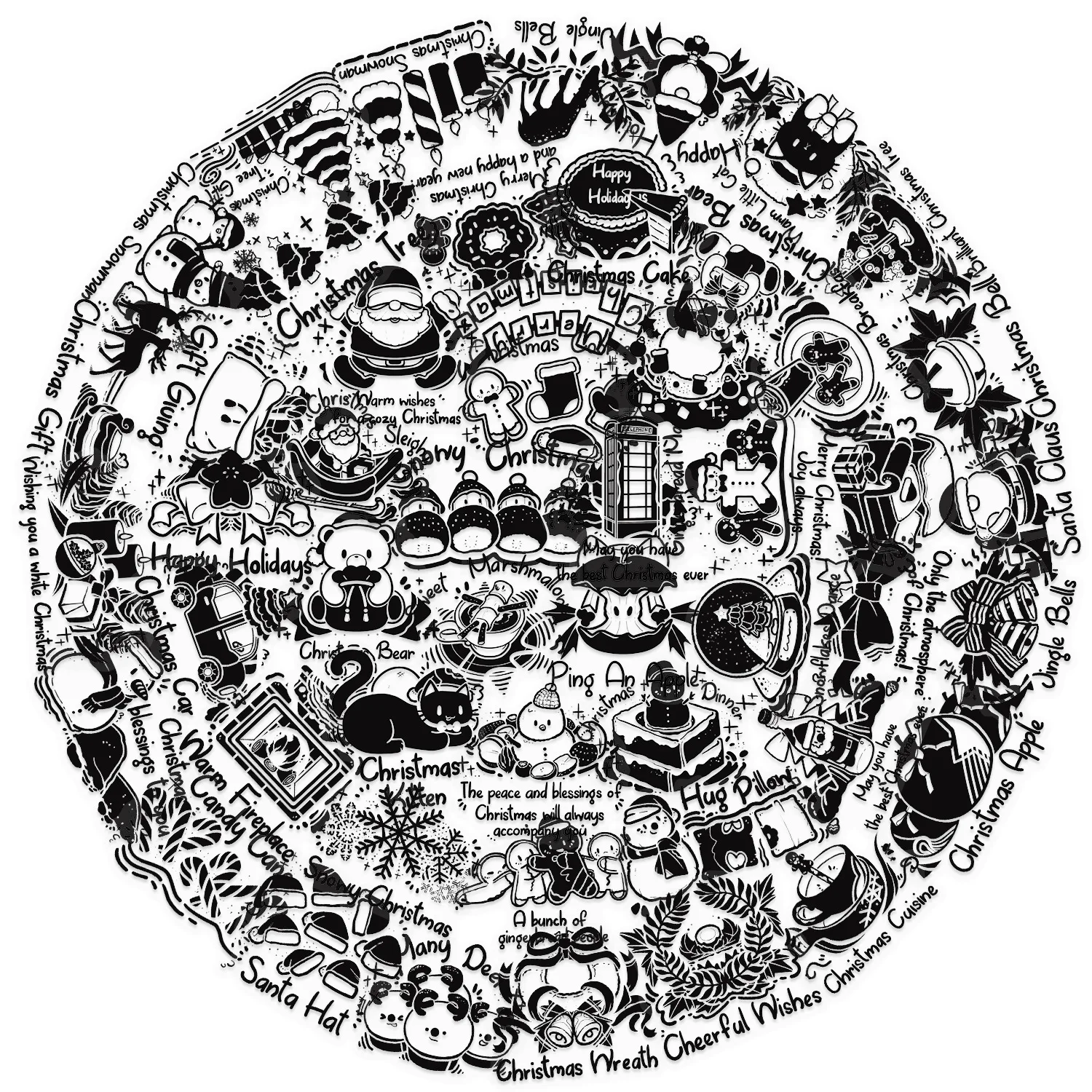 50 pezzi adesivi elementi natalizi in bianco nero trasparente decorazione graffiti notebook valigia chitarra telefono frigorifero decalcomanie