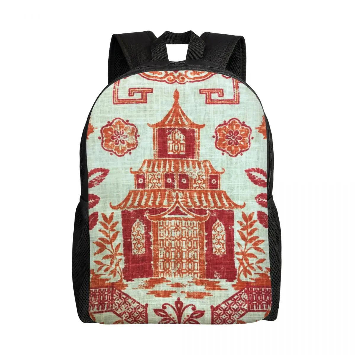 

Vintage Richloom Teahouse Toile Chinoiserie Pagoda Backpacks for Water Resistant School Oriental Style Bag Print Bookbags