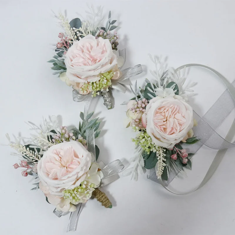 Ramillete de flores artificiales para boda, pulsera de dama de honor, rosa púrpura, accesorios para novio, Broche