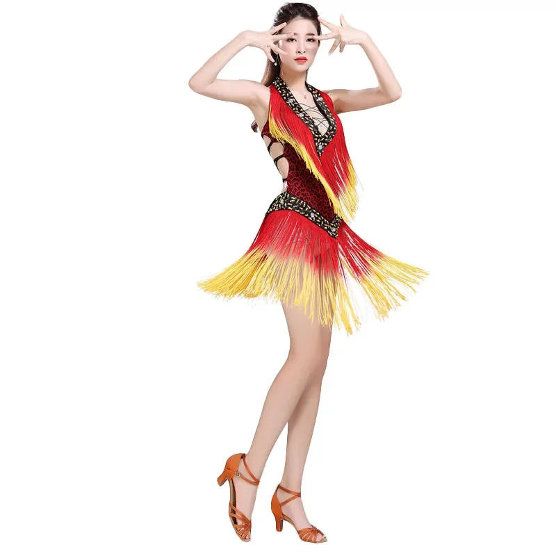 Robe de danse de salon pour femmes adultes, robes de salsa sexy à imprimé léopard avec glands, robe latine, samba 303, mk212, nouveau