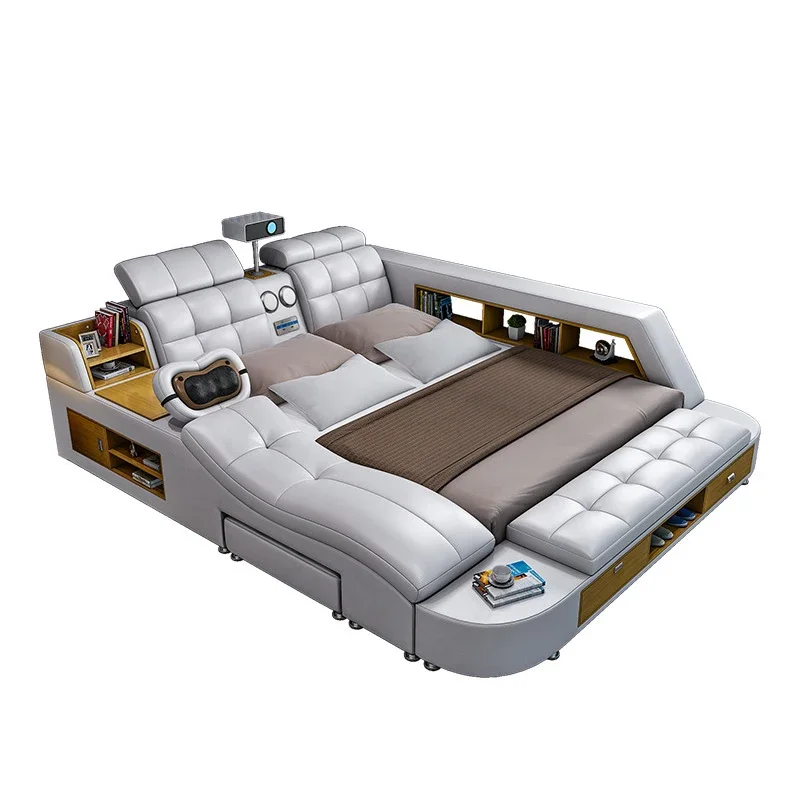 

New Model Tatami Massage Bed Leather Modern Multifunctional Smart Bed White With Projector