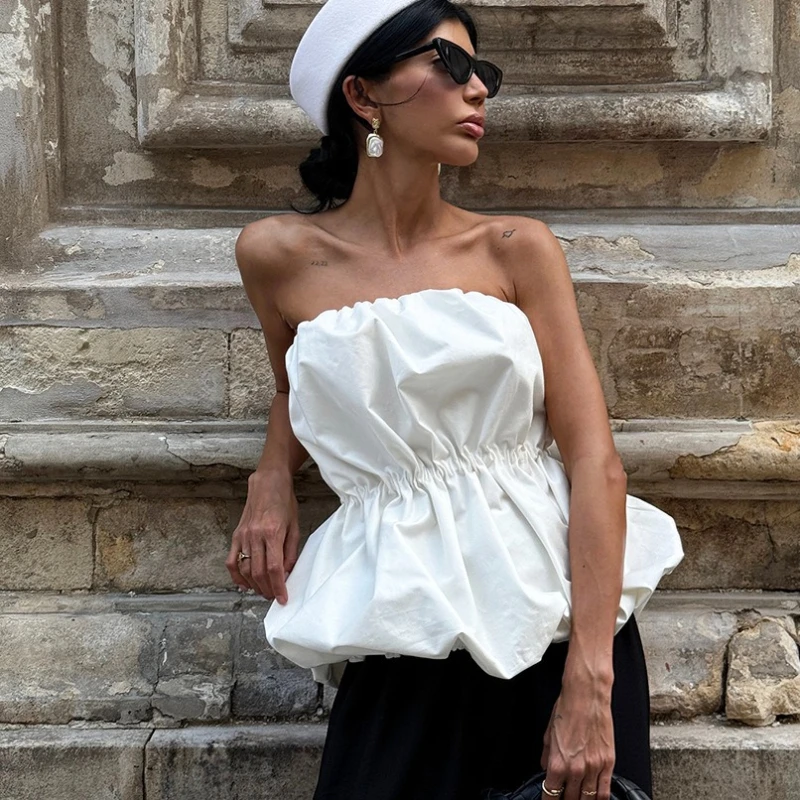 

Tsiisd Summer White Strapless Tank Top Female Pleats Fashion Elegance Solid Streetwear Casual 2026 Cropped Y2k Top Women's Vest