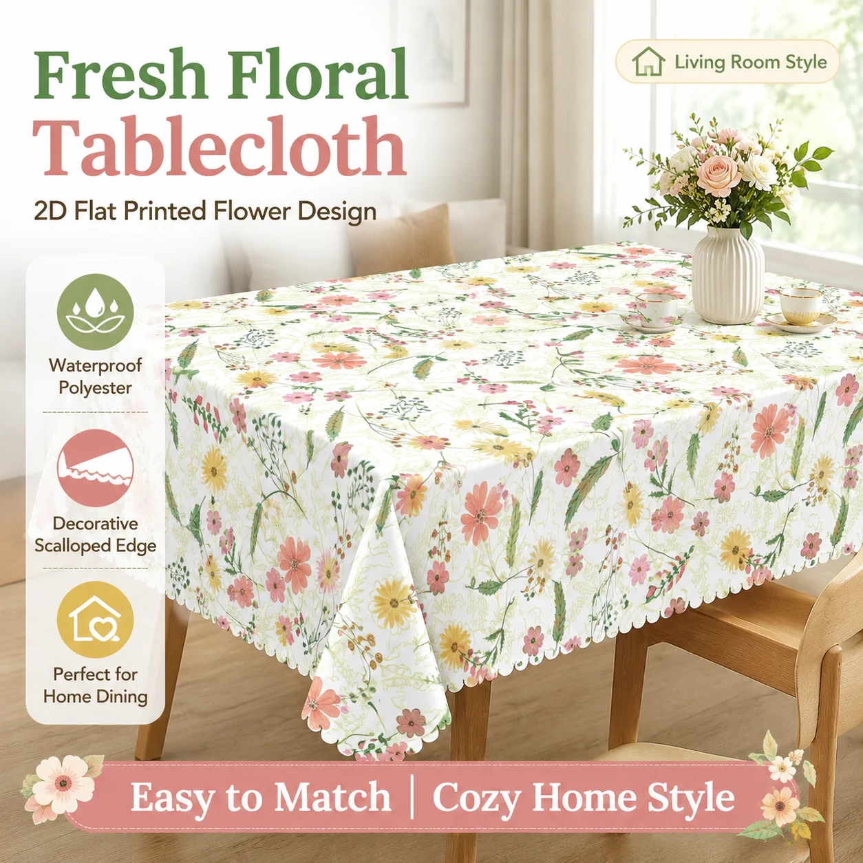 

Cozy Botanical Floral Tablecloth Waterproof Polyester 2D Flat Printed Table Cover For Wedding Party Picnic Home Dining