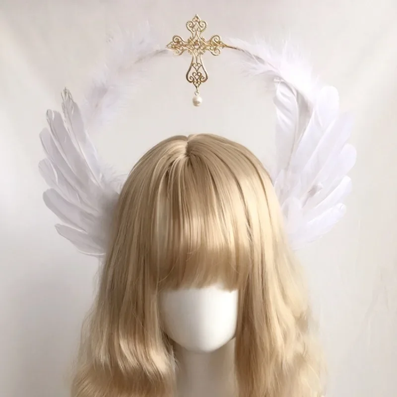 QQ Halloween Angel Feather Wings Gothic Lolita Halo Crown Headband Vintage Tiara Cosplay Kawaii Accessories Barrette Anime Black
