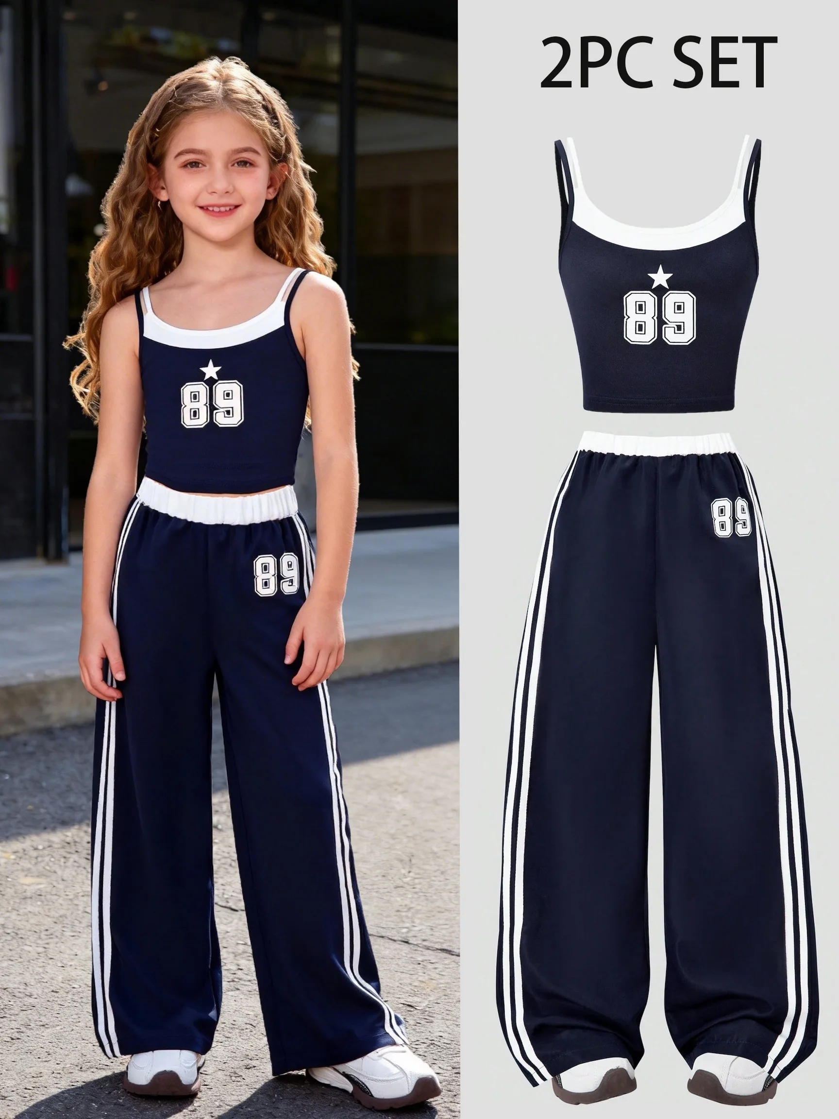 Trendy Girls 2Pcs Y2K Streetwear Suit Navy Color Block 89 Star Graphic Cropped Tank Top, Double Side White Stripe Loose Trousers