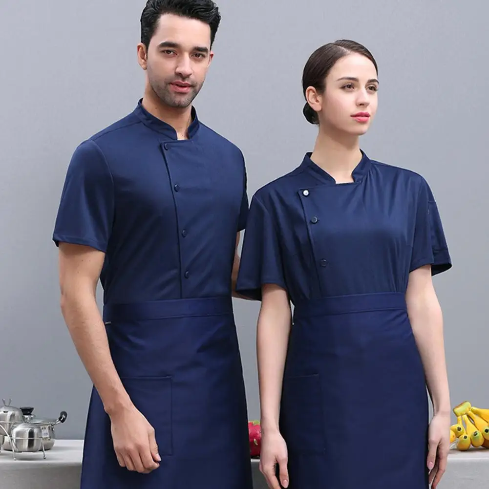 Mensa cameriere Top camicia da cuoco Unisex resistente alle macchie con colletto alla coreana per cucina panetteria ristorante manica corta per camerieri