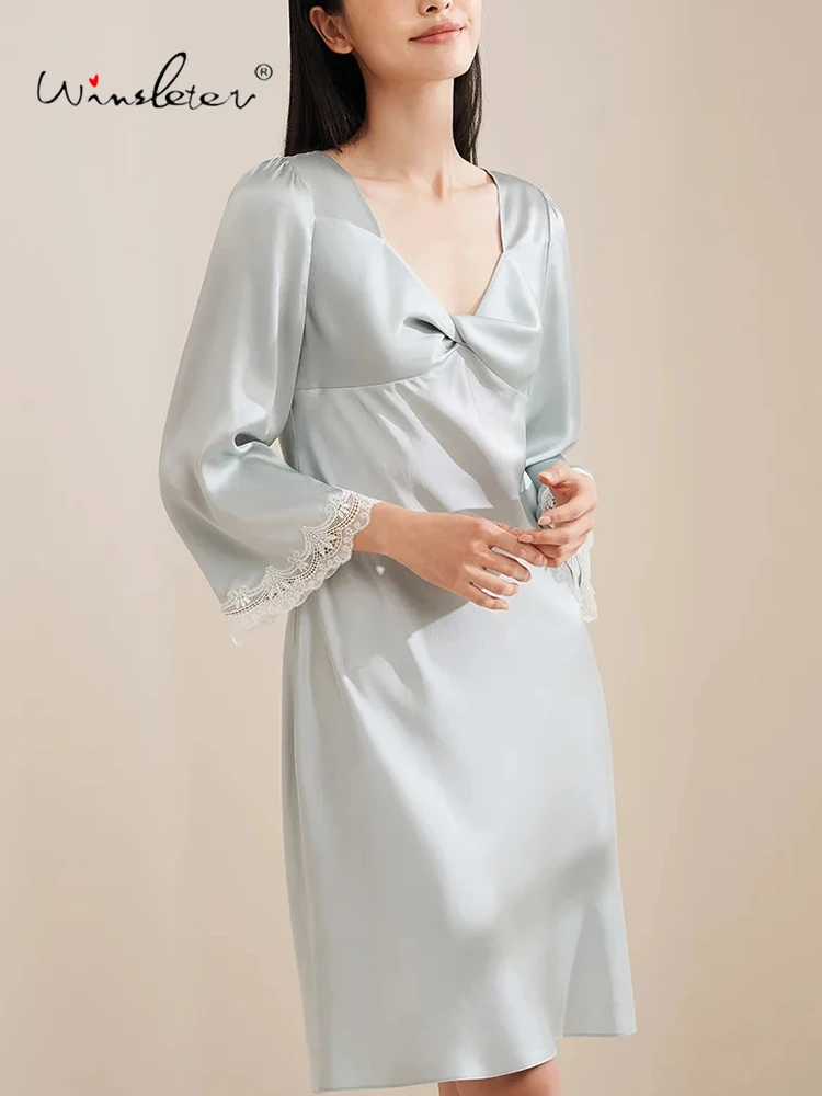 Women Solid Long Sleeve,French V-Neck Home Wear,16MM 100%Mulberry Silk Pajama Lace Dress,2024 Spring Summer New P41894QC