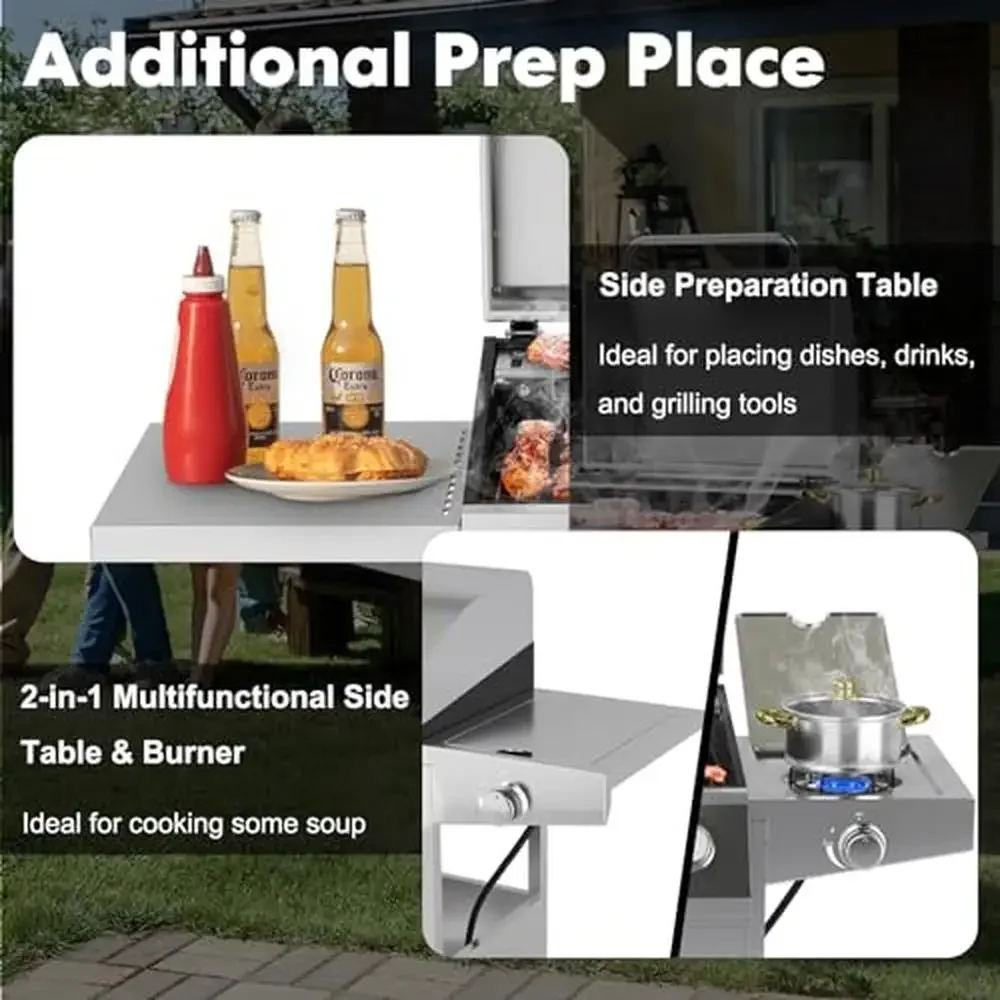 Outdoor BBQ Grill 50,000 BTU Stainless Steel 4 Burners Side Burner Prep Tables